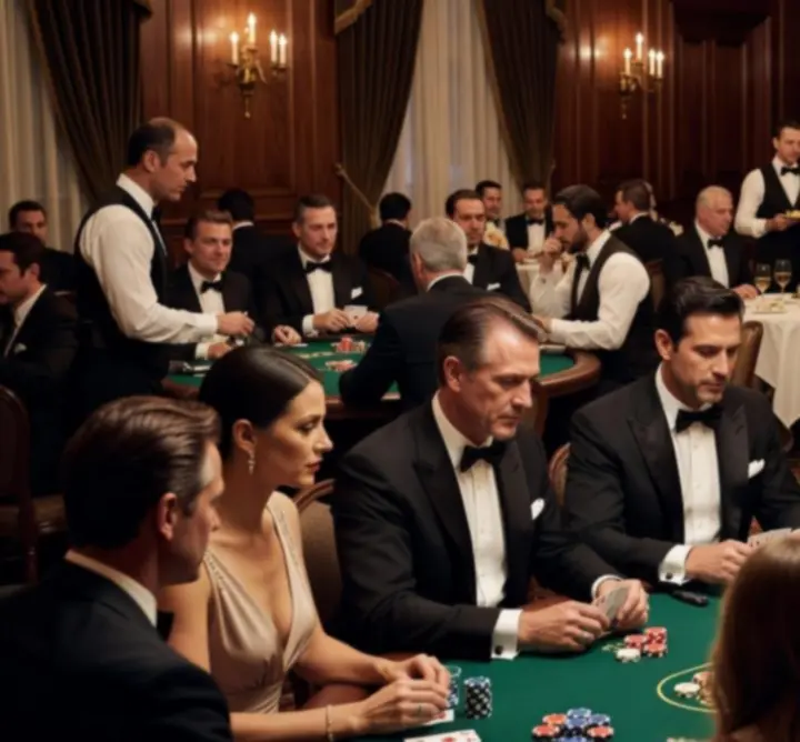 Elegáns vendégek és izgalmas poker pillanat egy luxus klubban