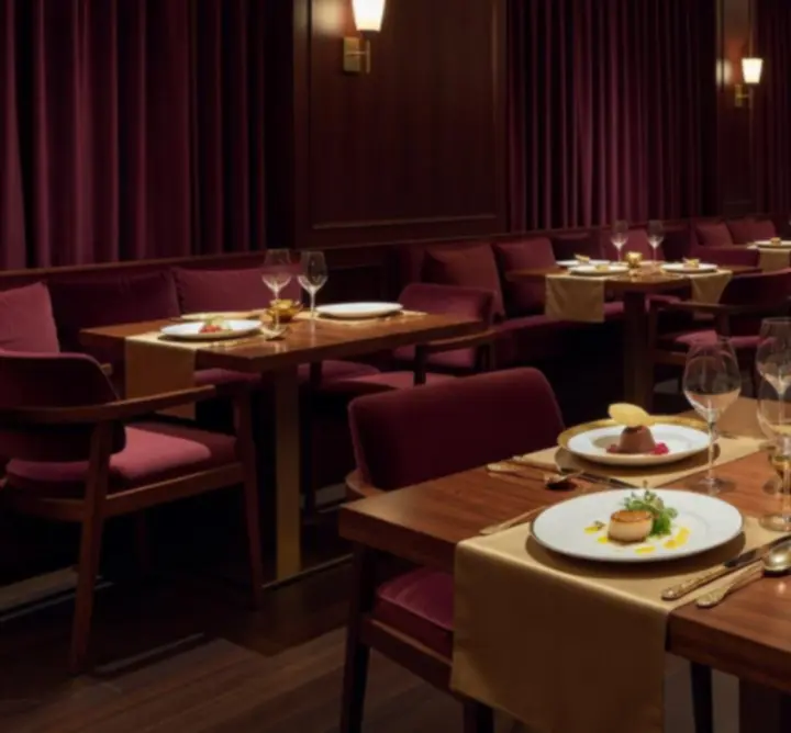 Fine dining étterem elegáns, gyertyafényes belső térrel és sötét fa burkolatokkal