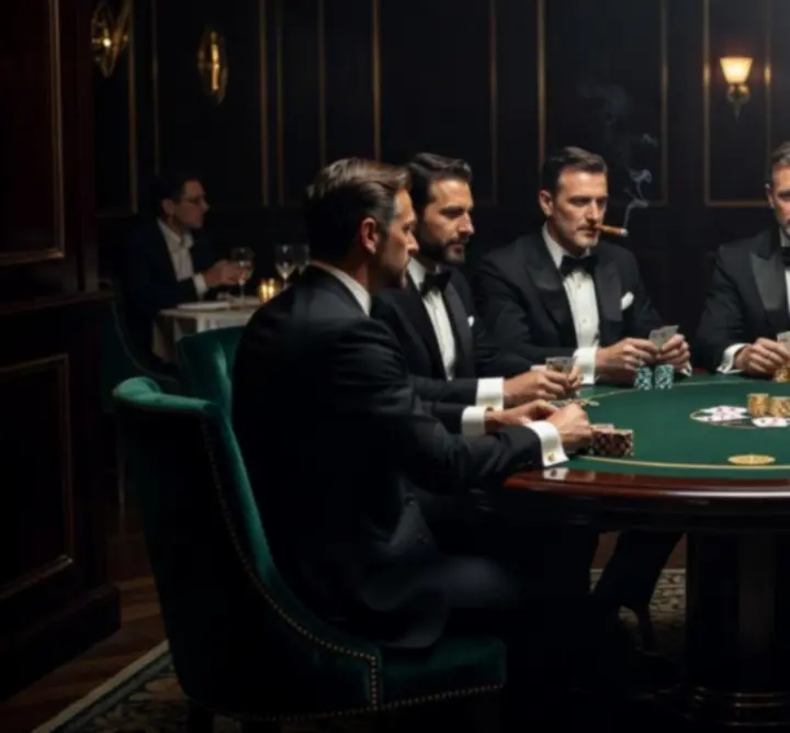 Elegáns offline pókerasztal, játékosok és fine dining éttermi belső tér luxus megvilágításban
