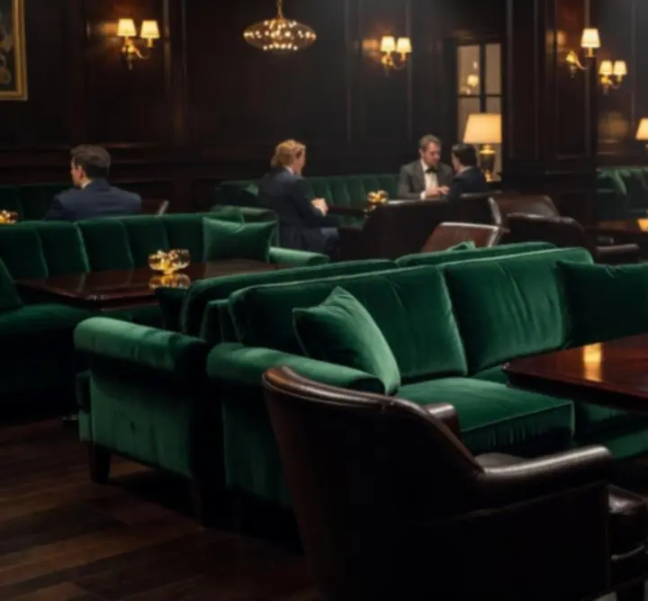 Lounge belső tere sötét falakkal, bársony kárpitokkal és elegáns bőrkanapékkal