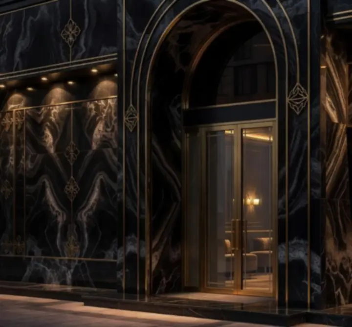 UrbanMeetingPlace Lounge főbejárata fényűző, sötét márványos enteriőrrel