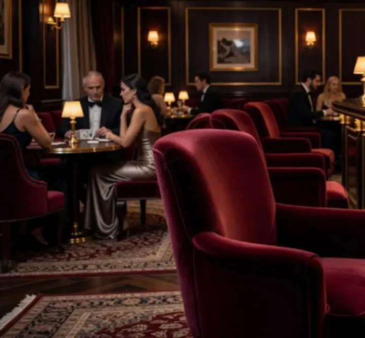Luxus póker lounge bársonyos fotelekkel és arany fényekkel
