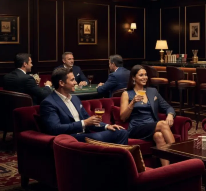 Luxus lounge tér esti fényekkel és bárhangulattal