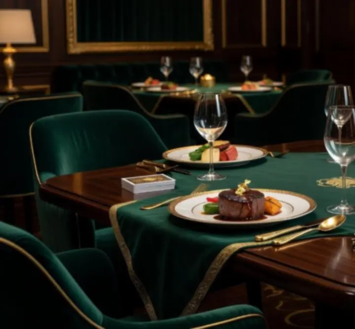 Elegáns megterített asztal a luxus poker étterem fine dining fogásaival és hangulatvilágításával