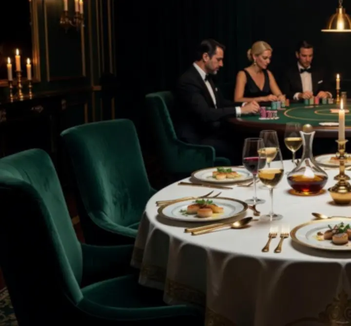 Fine dining fogások és prémium borok elegáns VIP pókerasztalon, gyertyafényes, sötét klubhangulatban.