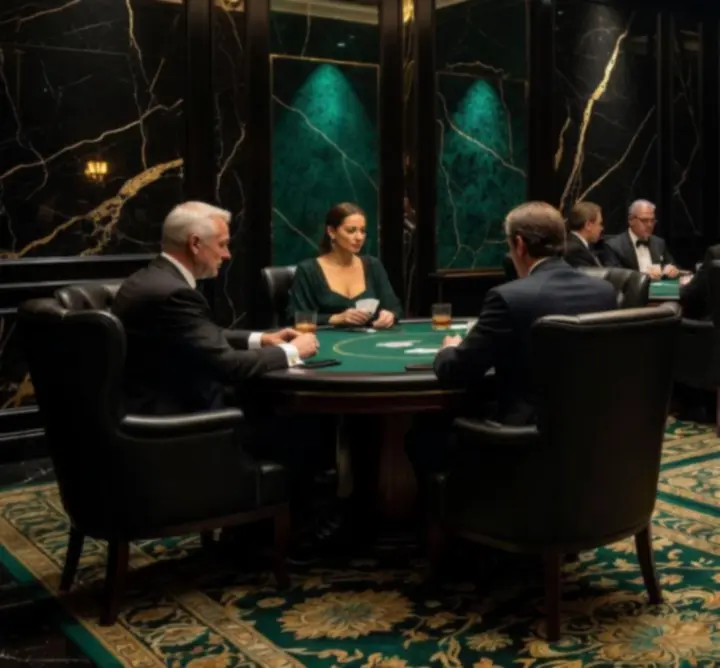 Elegáns, sötét tónusú VIP póker lounge Budapesten, arany részletekkel és prémium kártyaasztalokkal.